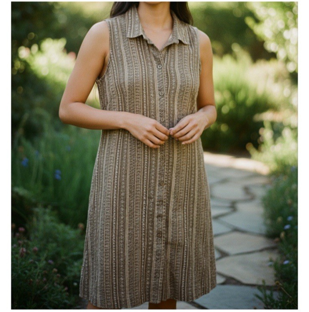 Garnet Hill Shirt Dress Size 8 Linen Printed Brown Button Down Boho Sleeveless